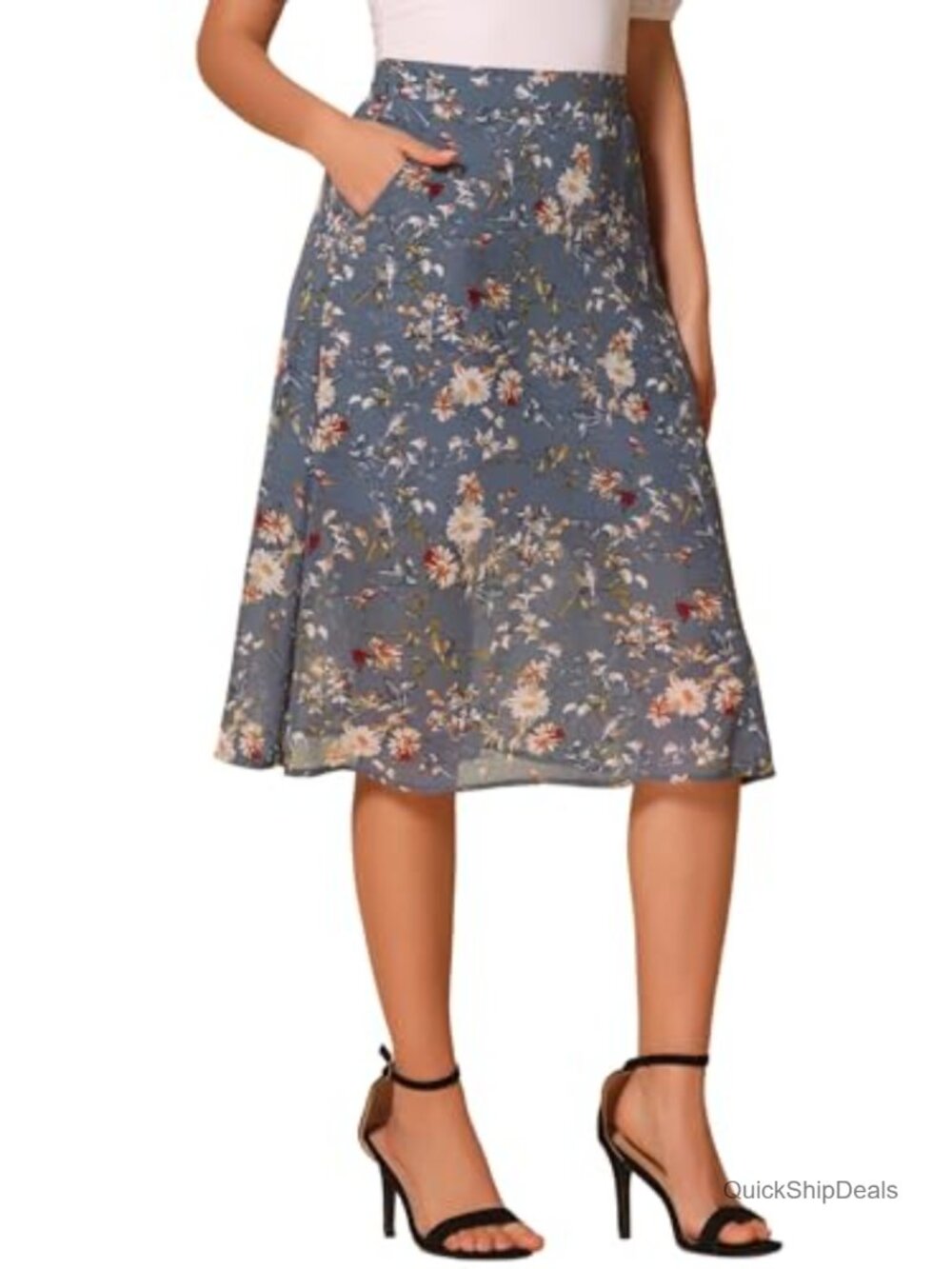 Flowy Chiffon A-Line Midi Skirt with Pockets, High Waist